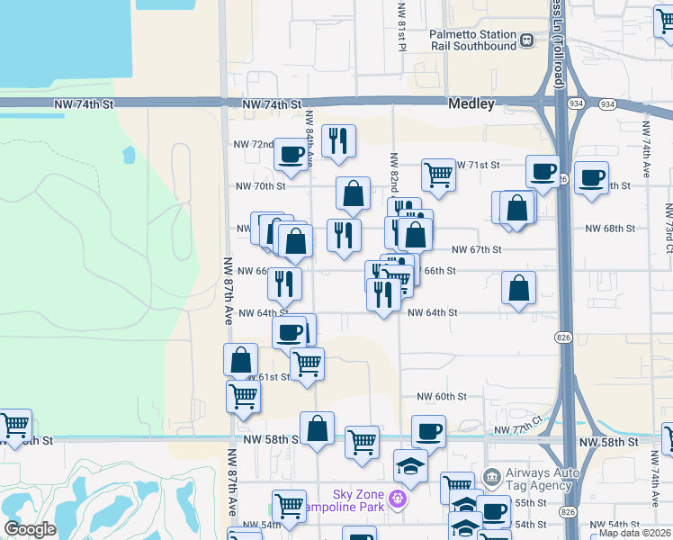 map of restaurants, bars, coffee shops, grocery stores, and more near 8338 NW 66th St in Miami