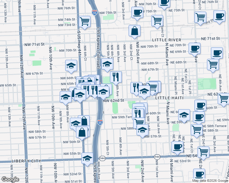 map of restaurants, bars, coffee shops, grocery stores, and more near 6217 Northwest 4th Avenue in Miami