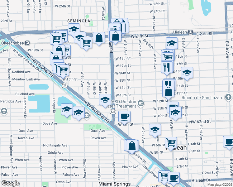 map of restaurants, bars, coffee shops, grocery stores, and more near 366 West 13th Street in Hialeah