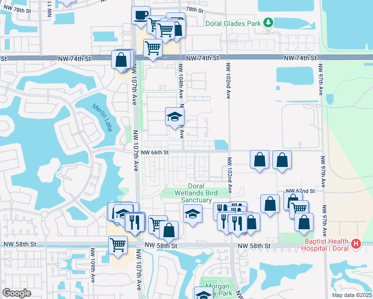 map of restaurants, bars, coffee shops, grocery stores, and more near 10342 Northwest 66th Street in Doral