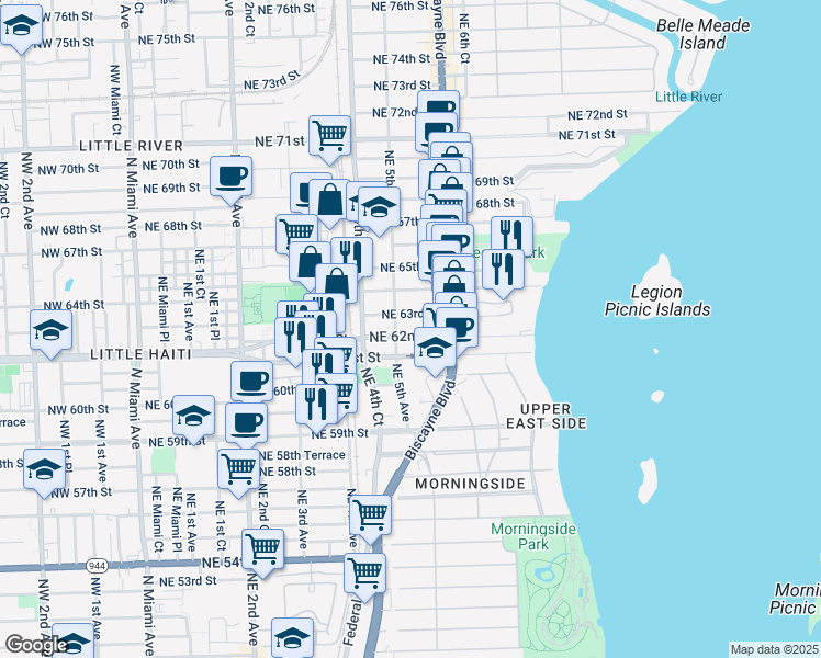 map of restaurants, bars, coffee shops, grocery stores, and more near 529 Northeast 62nd Street in Miami