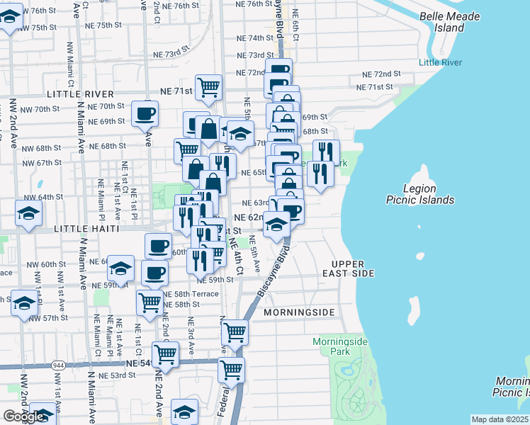 map of restaurants, bars, coffee shops, grocery stores, and more near 536 Northeast 62nd Street in Miami