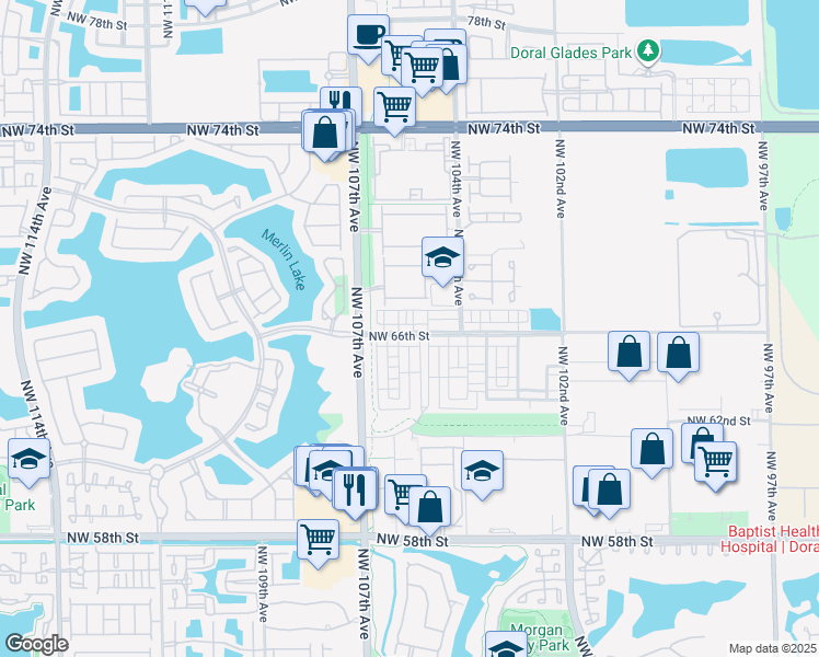 map of restaurants, bars, coffee shops, grocery stores, and more near 10526 Northwest 66th Street in Doral