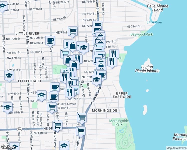 map of restaurants, bars, coffee shops, grocery stores, and more near 536 Northeast 62nd Street in Miami
