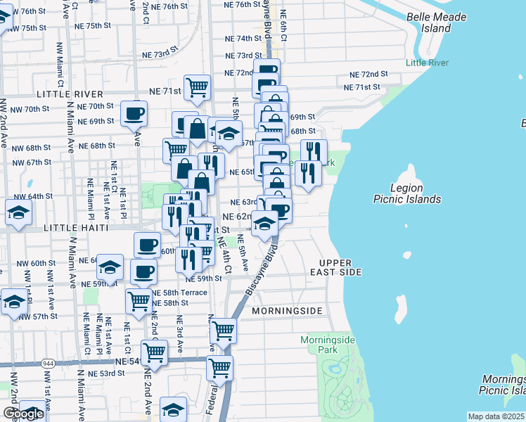 map of restaurants, bars, coffee shops, grocery stores, and more near 536 Northeast 62nd Street in Miami