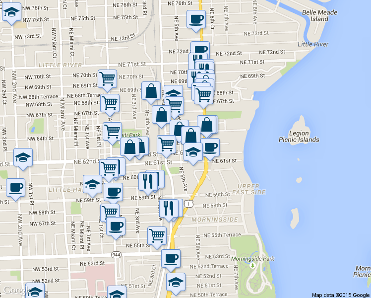 map of restaurants, bars, coffee shops, grocery stores, and more near 536 Northeast 62nd Street in Miami