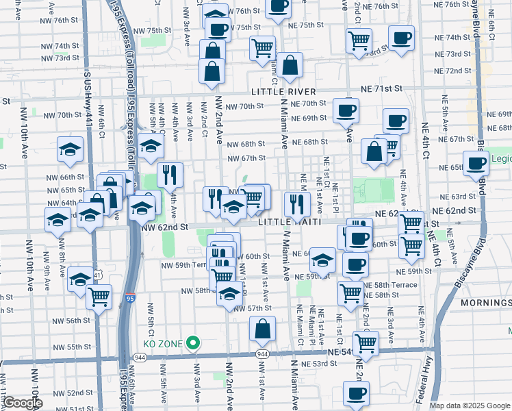 map of restaurants, bars, coffee shops, grocery stores, and more near 6218 Northwest 1st Court in Miami