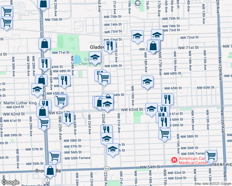 map of restaurants, bars, coffee shops, grocery stores, and more near 2152 Northwest 64th Street in Miami
