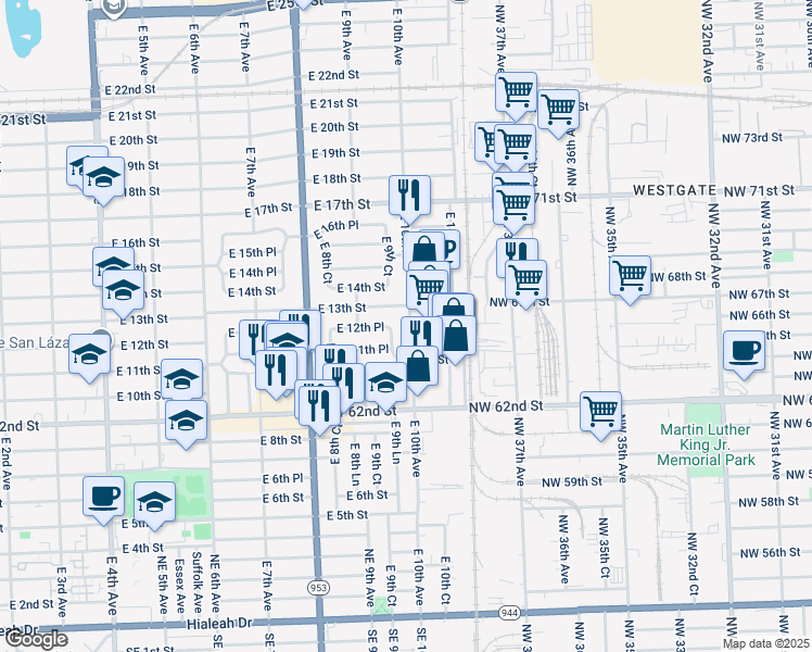 map of restaurants, bars, coffee shops, grocery stores, and more near 1131 East 9th Court in Hialeah