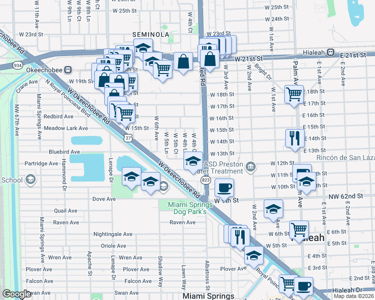 map of restaurants, bars, coffee shops, grocery stores, and more near 1265 West 5th Court in Hialeah