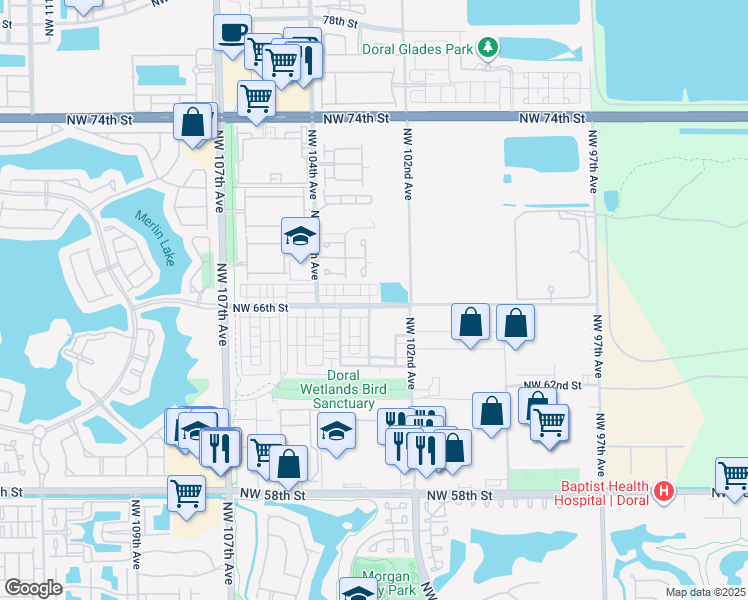 map of restaurants, bars, coffee shops, grocery stores, and more near 6480 Northwest 102nd Path in Doral