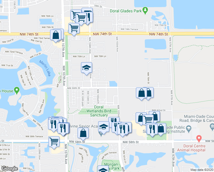 map of restaurants, bars, coffee shops, grocery stores, and more near 6480 Northwest 102nd Path in Doral