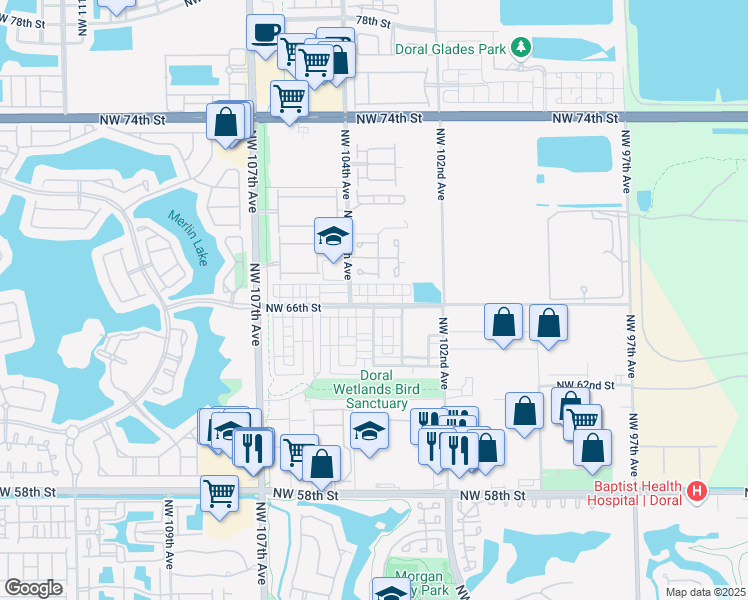map of restaurants, bars, coffee shops, grocery stores, and more near 10342 Northwest 66th Street in Doral