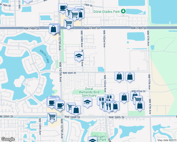 map of restaurants, bars, coffee shops, grocery stores, and more near 10342 Northwest 66th Street in Doral