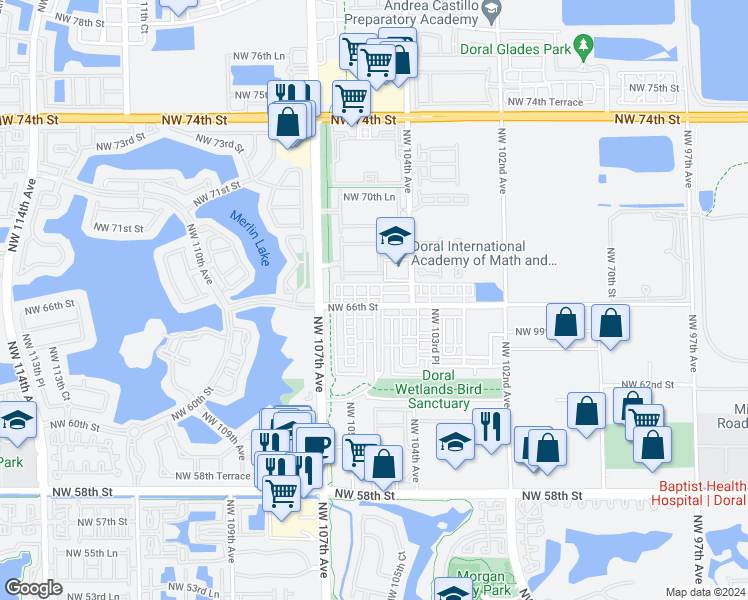 map of restaurants, bars, coffee shops, grocery stores, and more near 10526 Northwest 66th Street in Doral