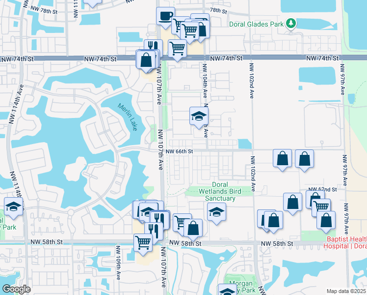 map of restaurants, bars, coffee shops, grocery stores, and more near 10526 Northwest 66th Street in Doral