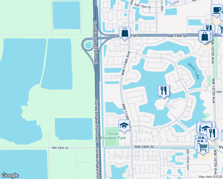 map of restaurants, bars, coffee shops, grocery stores, and more near 6420 Northwest 114th Avenue in Doral