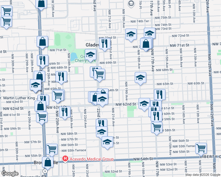 map of restaurants, bars, coffee shops, grocery stores, and more near 2152 Northwest 64th Street in Miami