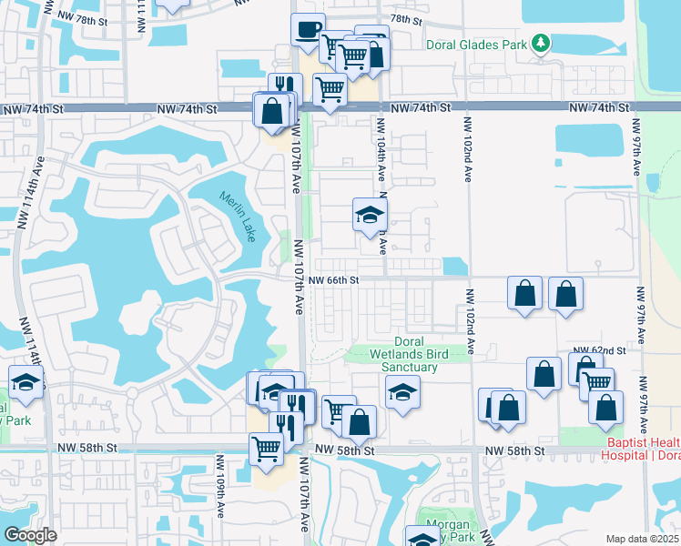 map of restaurants, bars, coffee shops, grocery stores, and more near 10526 Northwest 66th Street in Doral