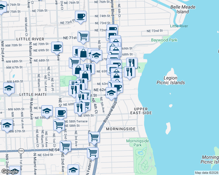 map of restaurants, bars, coffee shops, grocery stores, and more near 536 Northeast 62nd Street in Miami