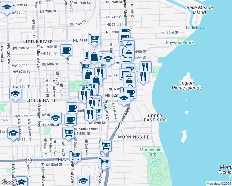 map of restaurants, bars, coffee shops, grocery stores, and more near 536 Northeast 62nd Street in Miami