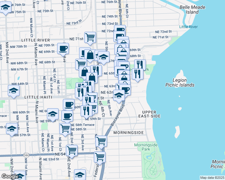 map of restaurants, bars, coffee shops, grocery stores, and more near 536 Northeast 62nd Street in Miami
