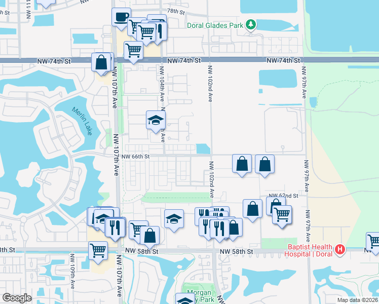 map of restaurants, bars, coffee shops, grocery stores, and more near 6480 Northwest 102nd Path in Doral