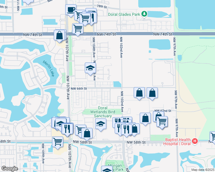 map of restaurants, bars, coffee shops, grocery stores, and more near 6480 Northwest 102nd Path in Doral
