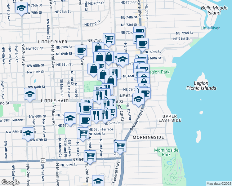 map of restaurants, bars, coffee shops, grocery stores, and more near 370 Northeast 62nd Street in Miami