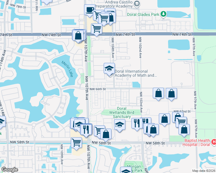 map of restaurants, bars, coffee shops, grocery stores, and more near 10444 Northwest 66th Street in Doral