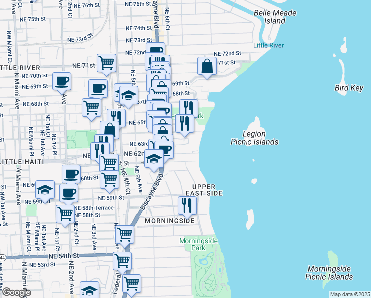 map of restaurants, bars, coffee shops, grocery stores, and more near 661 Northeast 61st Street in Miami