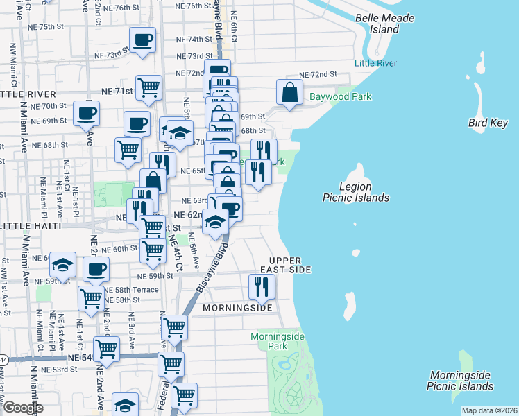 map of restaurants, bars, coffee shops, grocery stores, and more near 661 Northeast 61st Street in Miami