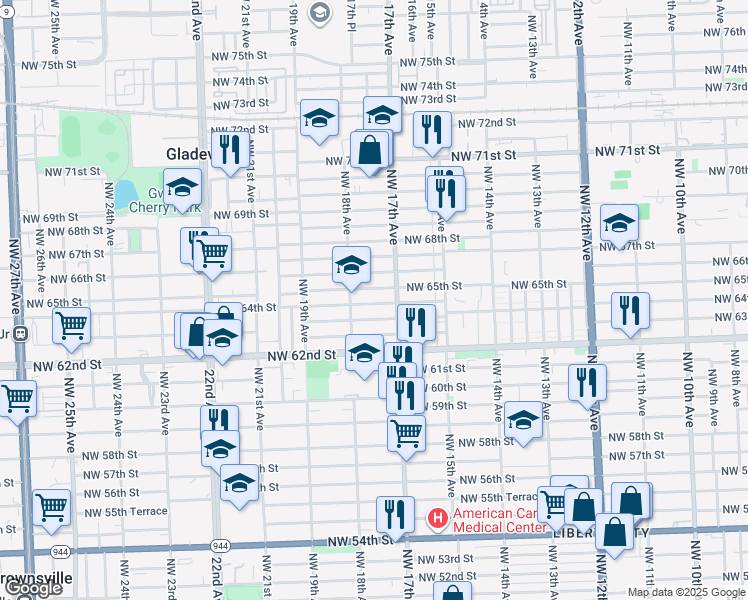 map of restaurants, bars, coffee shops, grocery stores, and more near 1755 Northwest 63rd Street in Miami