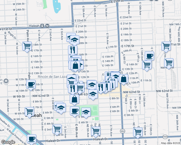 map of restaurants, bars, coffee shops, grocery stores, and more near 531 East 12th Street in Hialeah