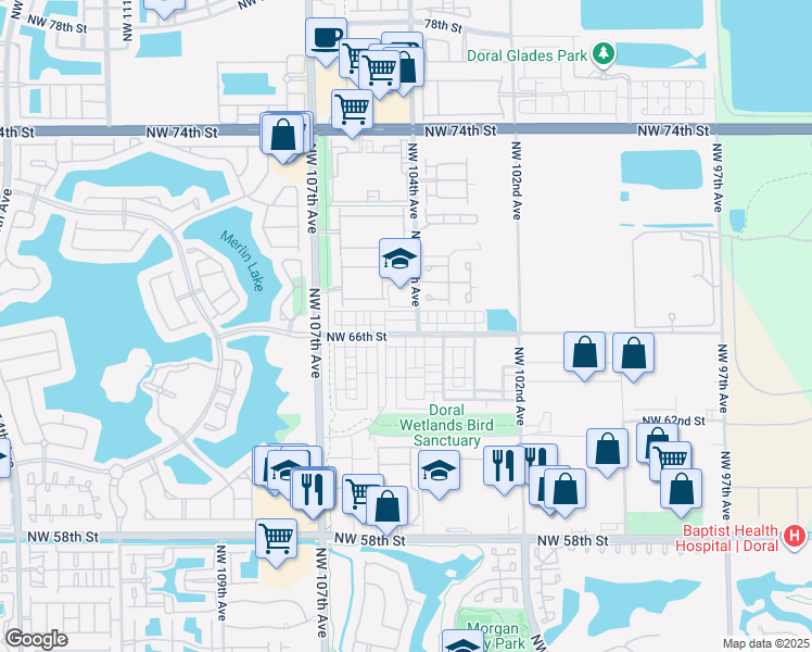 map of restaurants, bars, coffee shops, grocery stores, and more near 10444 Northwest 66th Street in Doral
