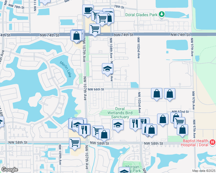 map of restaurants, bars, coffee shops, grocery stores, and more near 10444 Northwest 66th Street in Doral