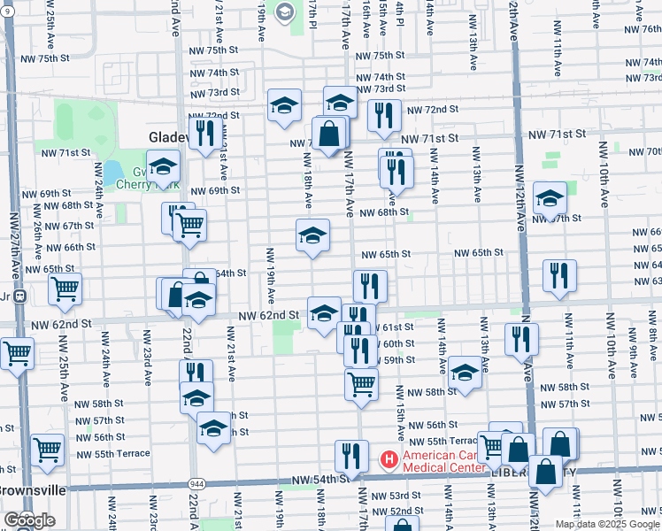 map of restaurants, bars, coffee shops, grocery stores, and more near 1755 Northwest 63rd Street in Miami
