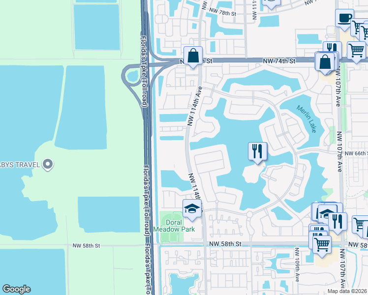 map of restaurants, bars, coffee shops, grocery stores, and more near 6650 Northwest 114th Avenue in Doral