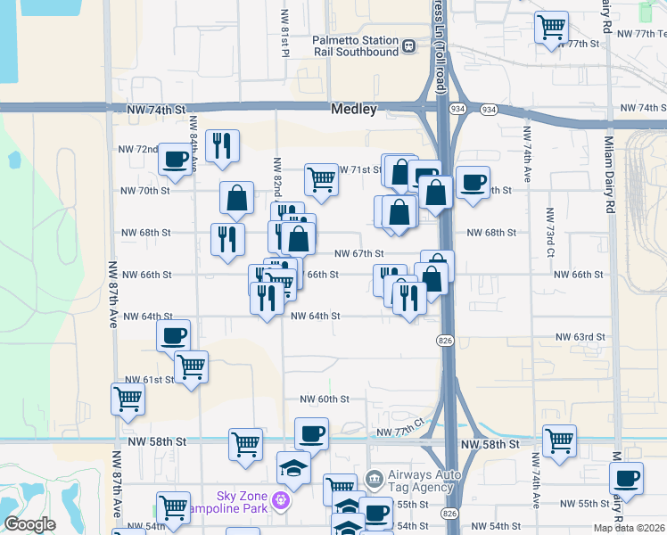 map of restaurants, bars, coffee shops, grocery stores, and more near 8061 Northwest 67th Street in Miami