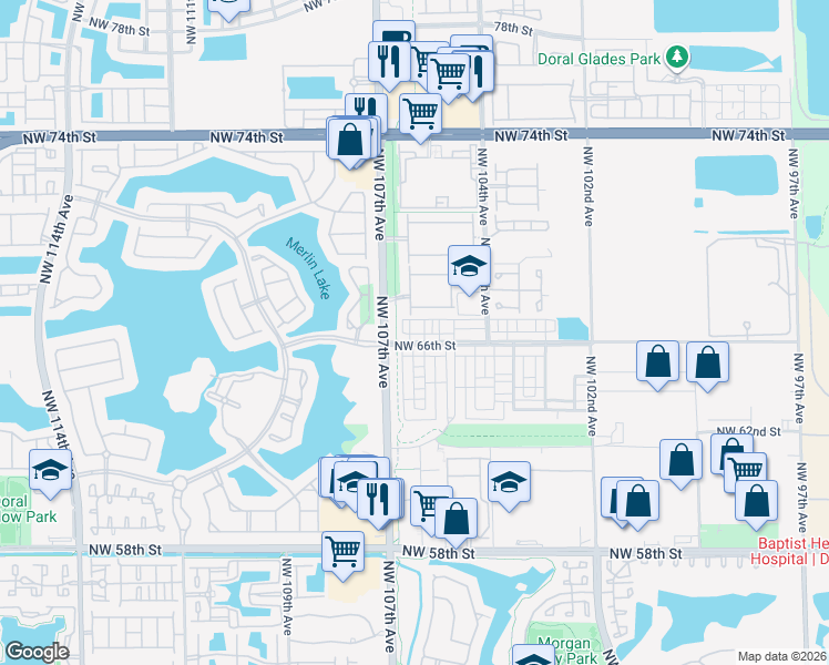 map of restaurants, bars, coffee shops, grocery stores, and more near 10560 Northwest 67th Terrace in Doral