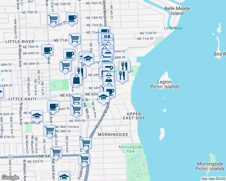 map of restaurants, bars, coffee shops, grocery stores, and more near 636 Northeast 63rd Street in Miami