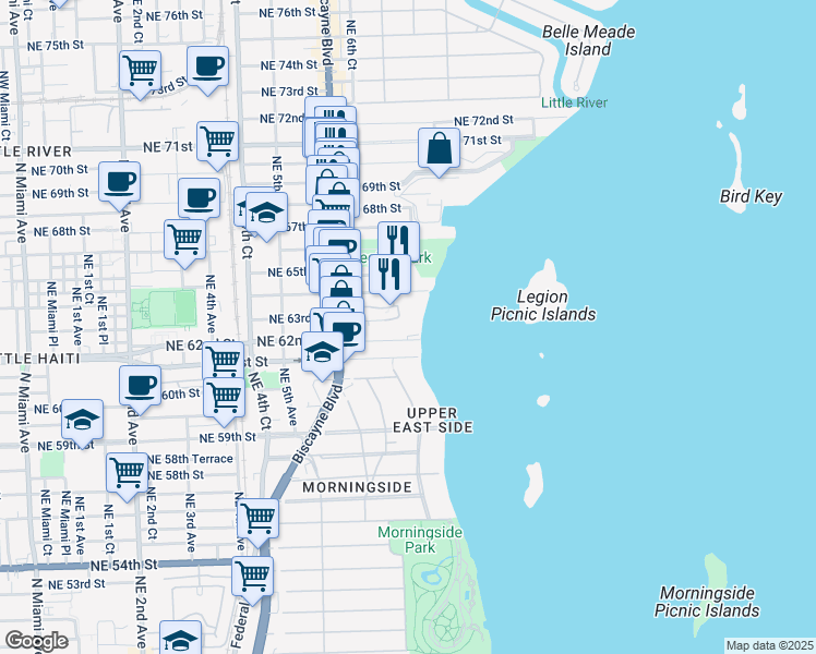 map of restaurants, bars, coffee shops, grocery stores, and more near 750 Northeast 64th Street in Miami