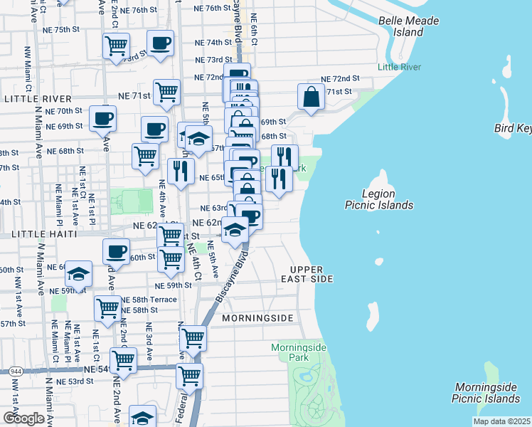 map of restaurants, bars, coffee shops, grocery stores, and more near 700 Northeast 63rd Street in Miami