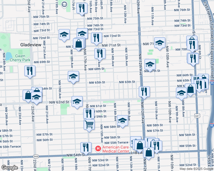 map of restaurants, bars, coffee shops, grocery stores, and more near 1407 Northwest 65th Street in Miami
