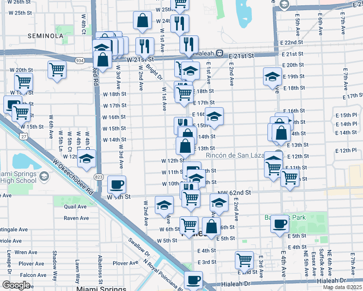 map of restaurants, bars, coffee shops, grocery stores, and more near 55 West 14th Street in Hialeah