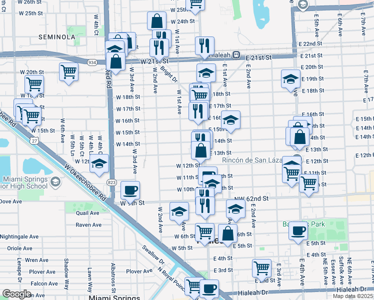 map of restaurants, bars, coffee shops, grocery stores, and more near 55 West 14th Street in Hialeah