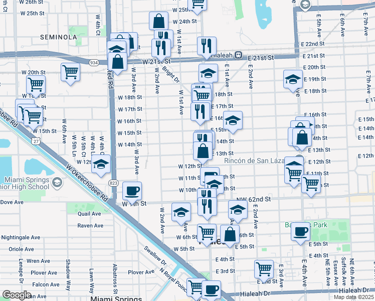 map of restaurants, bars, coffee shops, grocery stores, and more near 55 West 14th Street in Hialeah