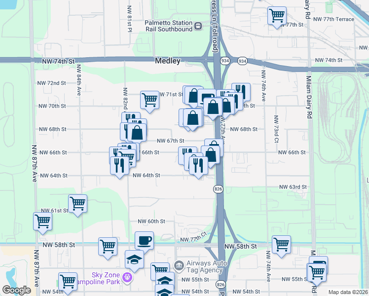 map of restaurants, bars, coffee shops, grocery stores, and more near 7850 Northwest 67th Street in Miami