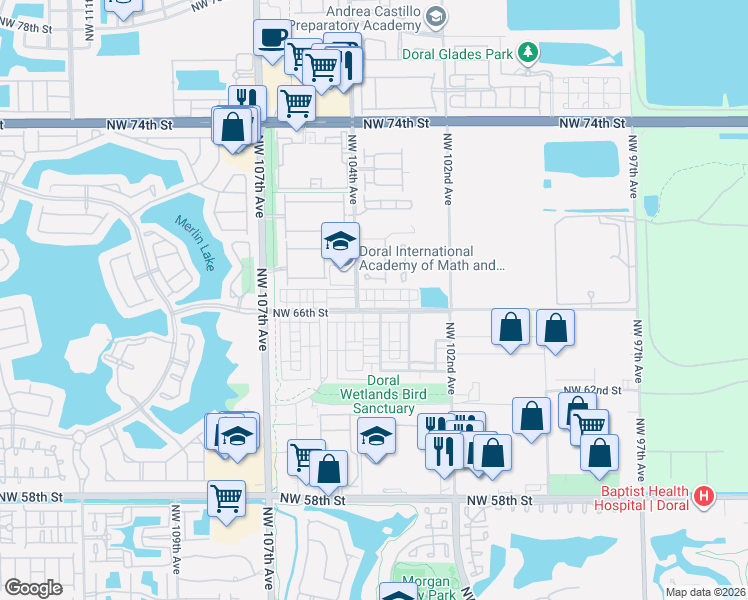map of restaurants, bars, coffee shops, grocery stores, and more near 10362 Northwest 67th Terrace in Doral