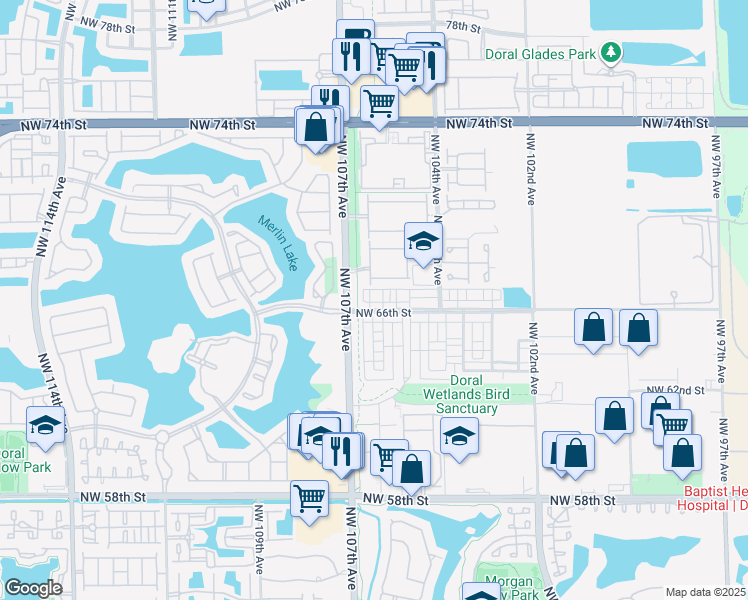 map of restaurants, bars, coffee shops, grocery stores, and more near 10560 Northwest 67th Terrace in Doral
